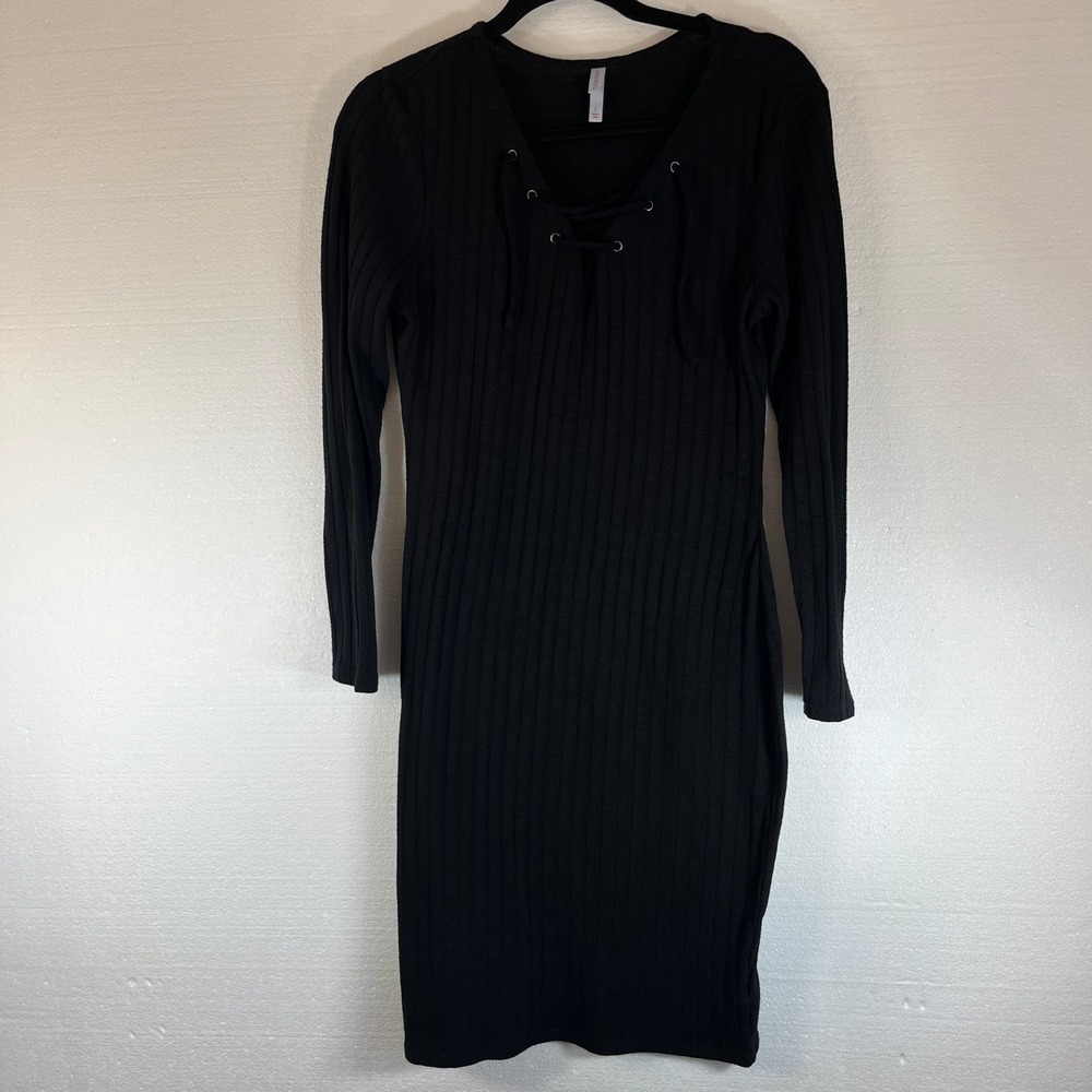 Xhilaration L/S Midi Sweater Dress Black L Ribbed Lace Up V Neck Whimsigoth‎